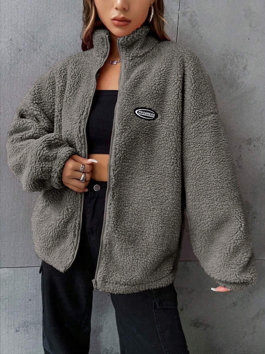 SHEIN EZwear 秋冬字母贴片落肩泰迪熊夹克