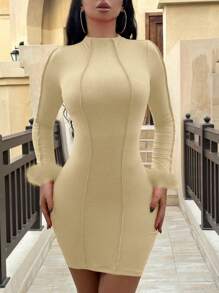 VaVaBold Women'S Furry Bodycon Dress With Cuffs