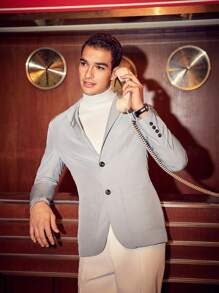 AKNOTIC Business Casual Men's Notched Collar Single Breasted Woven Blazer Jacket - Grey - View 4