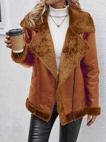 SHEIN LUNE Motorcycle Style Fur Collar Leather Jacket - Brown - View 4