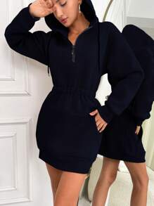 SHEIN Cottnline Kangaroo Pocket Fleece Lined Zip-Up Half Placket Hoodie Dress - Navy Blue - View 4