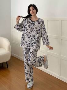 DAZY Conjunto De Pijama De Estilo Chino Con Estampado Vegetal De 2 Piezas - Blanco - Ver 1