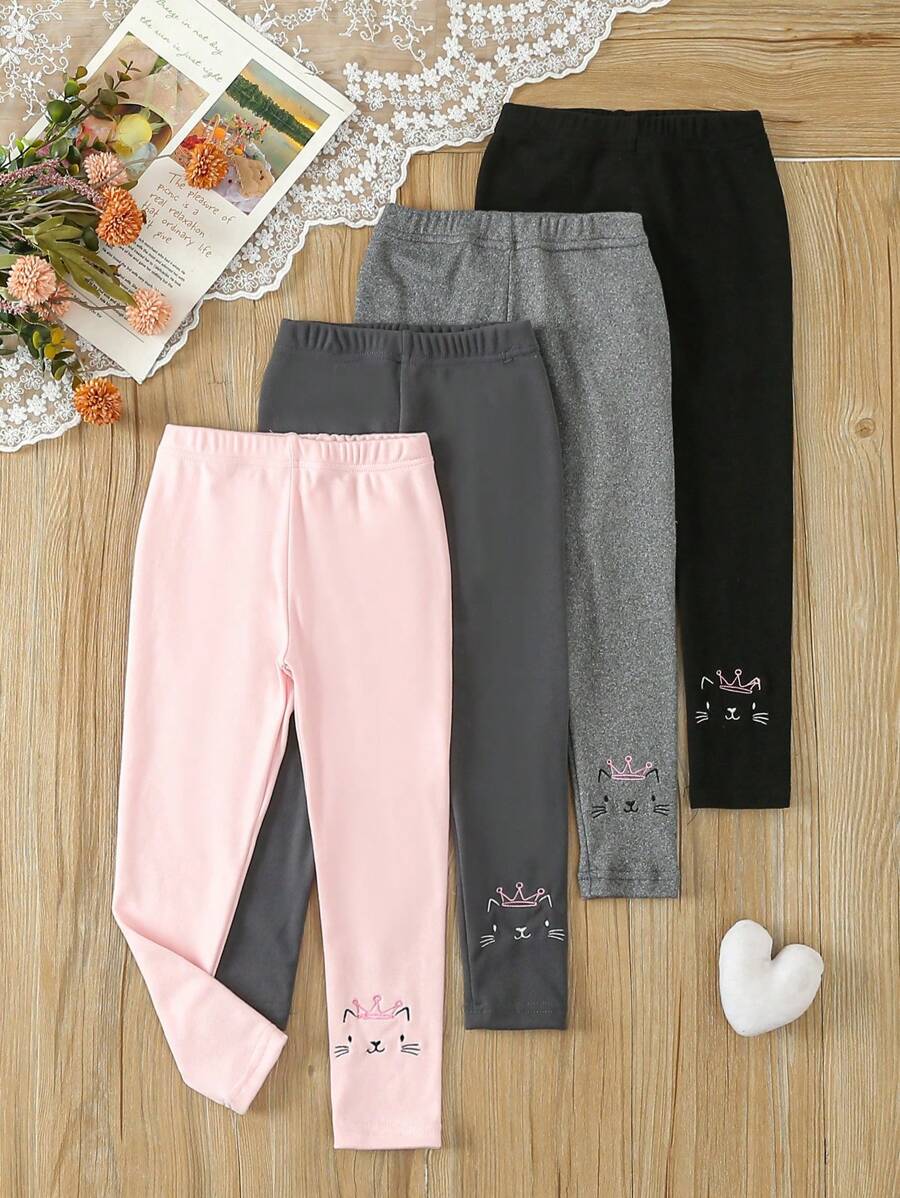 SHEIN Vintaside Kids 4pcs/Set Young Girl Cute Solid Color Simple Trousers With Bunny Print Pattern Long Four-Pack Combination Leggings - Multicolor - View 1