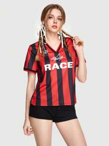 ROMWE 女士色塊條紋字母印花t恤 - 彩色 - 查看 6
