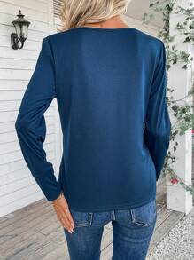 SHEIN Clasi Women's Lace Panel Long Sleeve T-Shirt - Navy Blue - View 2