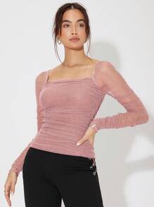 Firerie 領口褶皺閃爍網紗上衣 - 粉色 - 查看 4