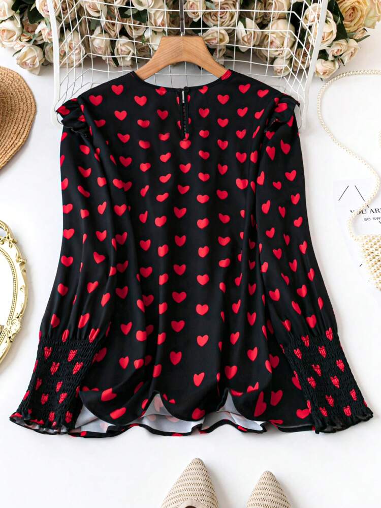 Plus Size Heart Print Shirred Panel Blouse