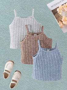 SHEIN Toddler Girls' Fresh & Cute Solid Color Cami Tops, 3pcs/set For Spring And Summer - Multicolor - View 3