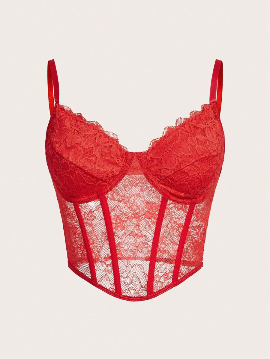 SHEIN ICON 女用蕾絲束帶吊帶背心紅色緊身胸衣 - 紅色 - 查看 1