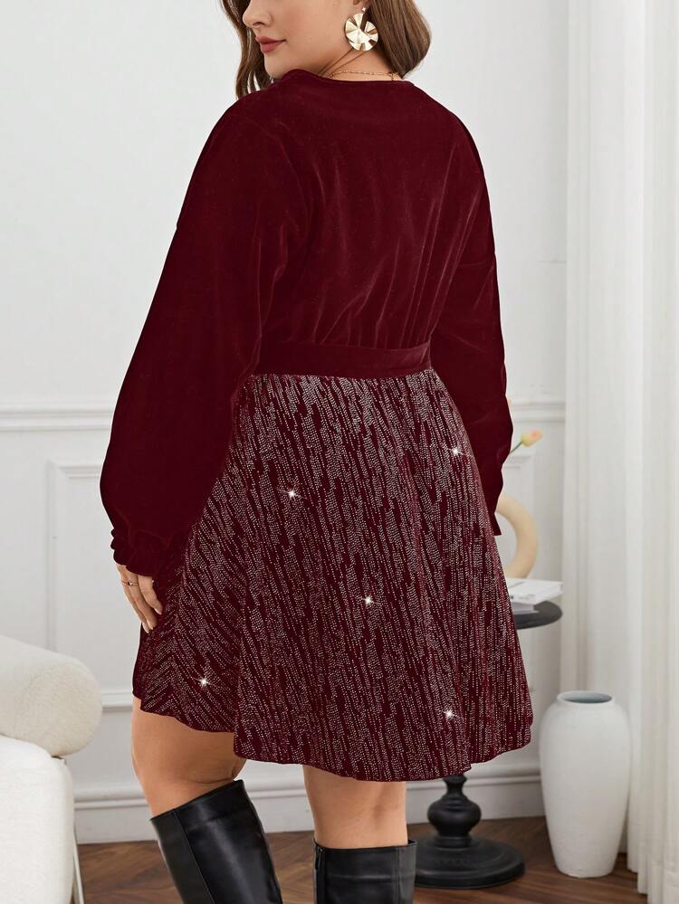 Plus Size Wrap Neck Belted Bell Sleeve Dress