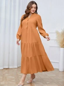 Mulvari Women's Plus Size Button Half Placket Ruffle Hem Dress - Burnt Orange - View 7