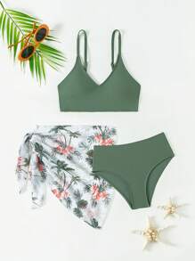 Tween Girl Three-Piece Bikini Set With Coconut Tree Print Triangle Scarf Summer Beach - Multicolor - View 1