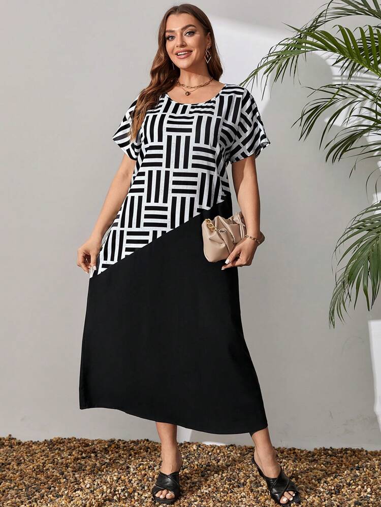 Plus Size Women'S Black And White Striped Patchwork Long Summer Dress,Spring/Vacation