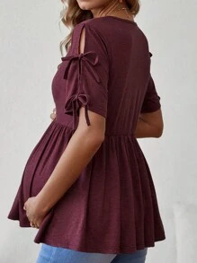 SHEIN Maternity Knotted Sleeve Ruffle Hem T-Shirt - Burgundy - View 3