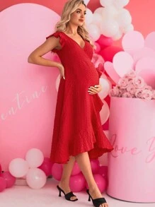 SHEIN Pregnant Women's Textured Cap Sleeves Wrap Collar Dress For Maternity - Red - View 4