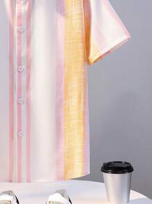 SHEIN 男孩寬鬆休閒翻領條紋短袖襯衫 - 粉色 - 查看 3