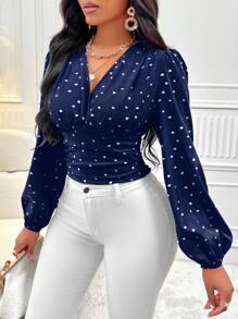 SHEIN Unity 女士爱心印花灯笼袖衬衫、长袖上衣 - 藏蓝色 - 查看 3