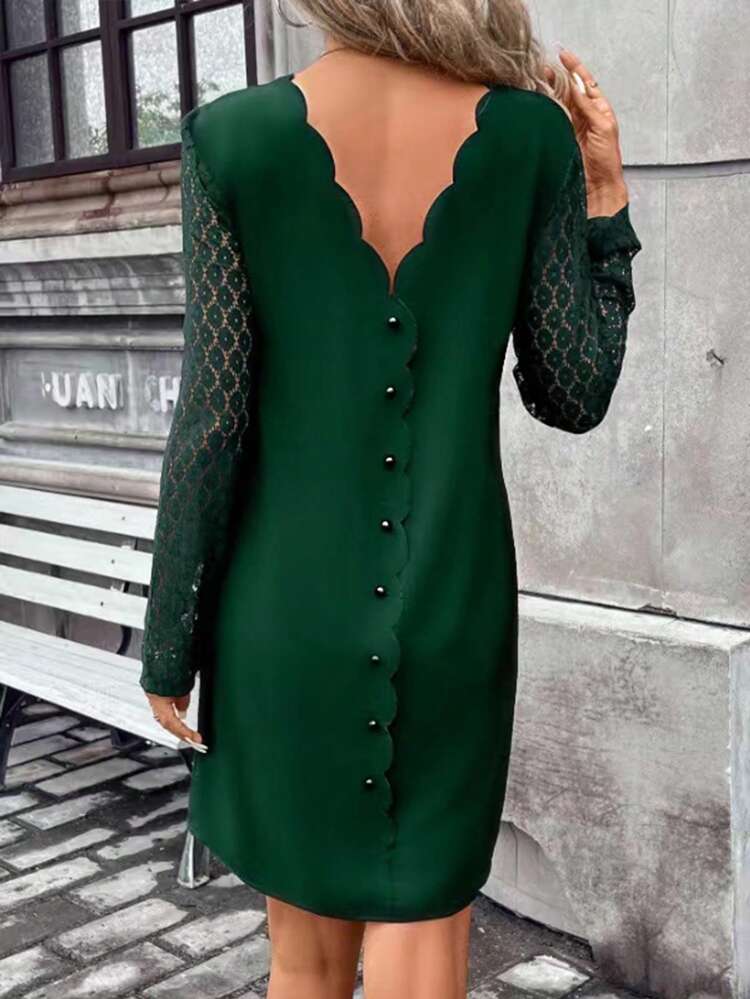 Ladies' Lace Joint Shell Button Detail Dress With Scalloped Edge Winter Elegant Evening Dress Green Christmas