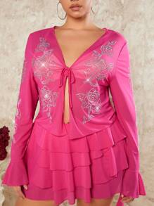 SHEIN BAE Kích thước lớn Pha lê Mô hình hoa Cà vạt Ruffle Áo sơ mi - Màu Hồng Tươi - Xem 4