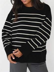 Women's Casual Round Neck Drop Shoulder Long Sleeve Striped Sweater, Autumn/Winter - Black - View 3