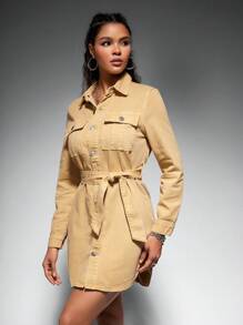 SHEIN EZwear 女用短襯衫領牛仔連身裙 - 黃色 - 查看 1