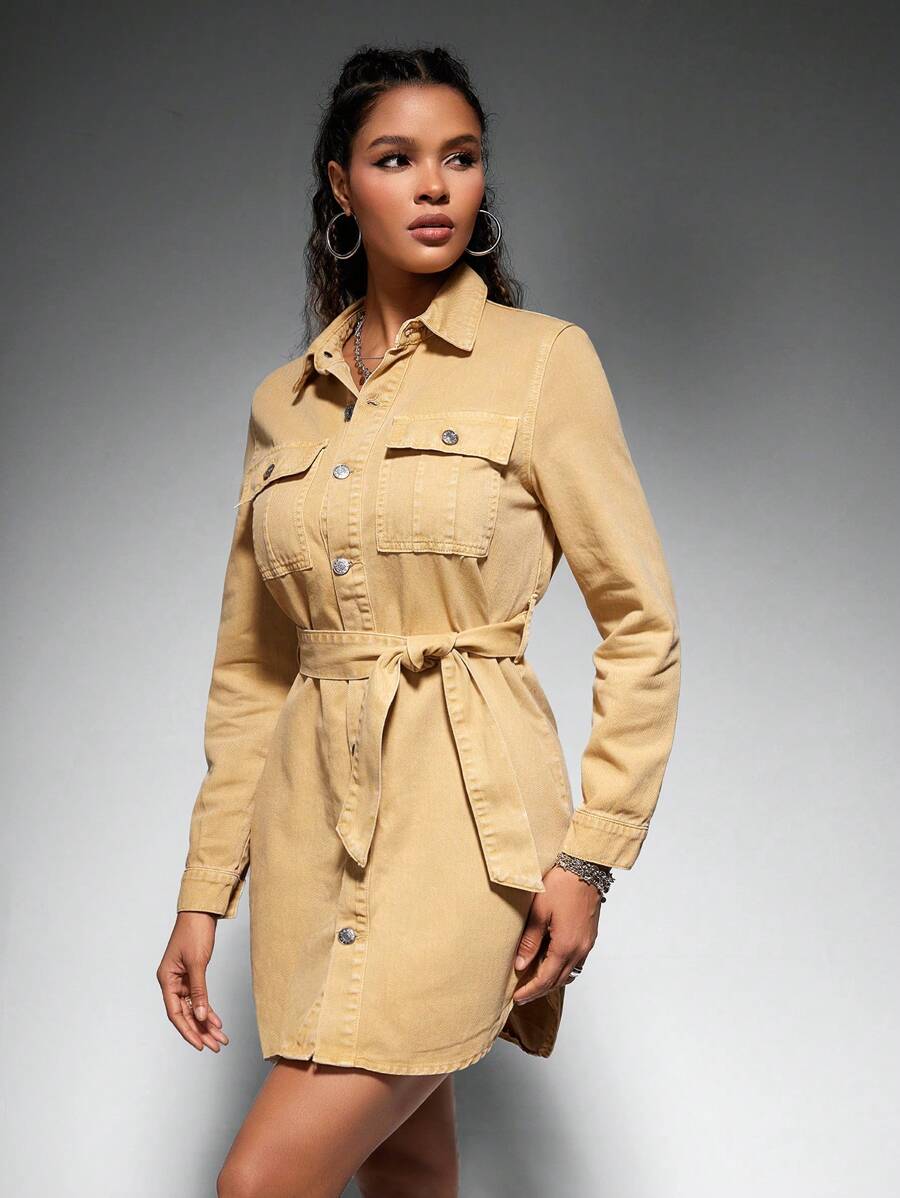 SHEIN EZwear 女用短襯衫領牛仔連身裙 - 黃色 - 查看 1