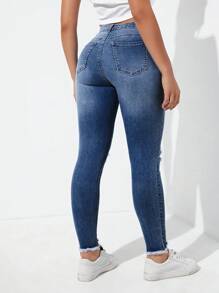 SHEIN Essnce Distressed Slim Denim Trousers Ripped Jeans - Medium Wash - View 2