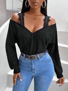 SHEIN Slayr 女款露肩羅紋長袖 T 卹 - 黑色 - 查看 3