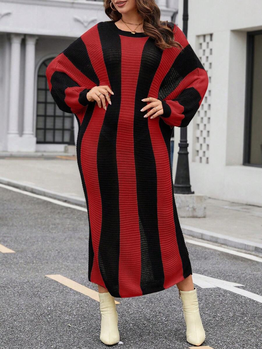 Calvaya 大尺寸撞色條紋圓領毛衣連身裙 - 紅色 - 查看 1
