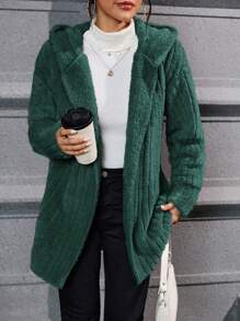 SHEIN Essnce 下垂肩帶帽teddy外套 - 墨綠色 - 查看 6