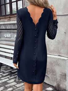 SHEIN Frenchy Women's Splicing Lace Straight Dress Winter Elegant Evening Dress Blue - Navy Blue - View 5