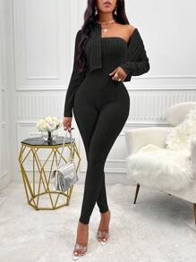 Zolique Strapless Slim-Fit Ribbed Knit Jumpsuit And Long-Sleeve Jacket Two-Piece Set - Black - View 6