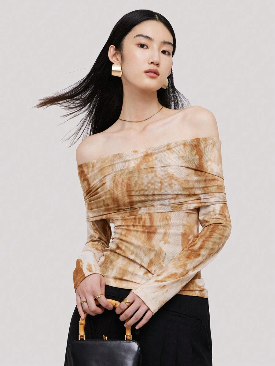 Tie Dye Off Shoulder Mesh Top - Gold - View 1