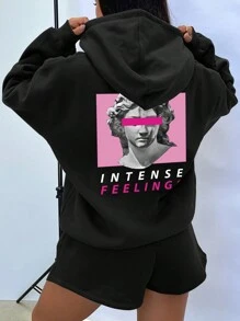 SHEIN EZwear Women'S Letter Print Hooded Sweatshirt Shorts Two-Piece Set - Black - View 1