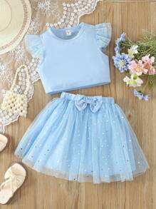 SHEIN Young Girl Two-Piece Ruffled Top And Bow-Embellished Mesh Skirt Set - Blue - View 1