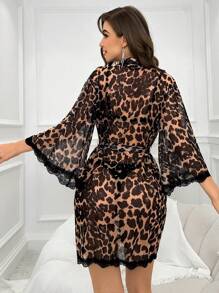 SHEIN Bata Con Cinturón Y Encaje Con Estampado De Leopardo - Multicolor - Ver 2