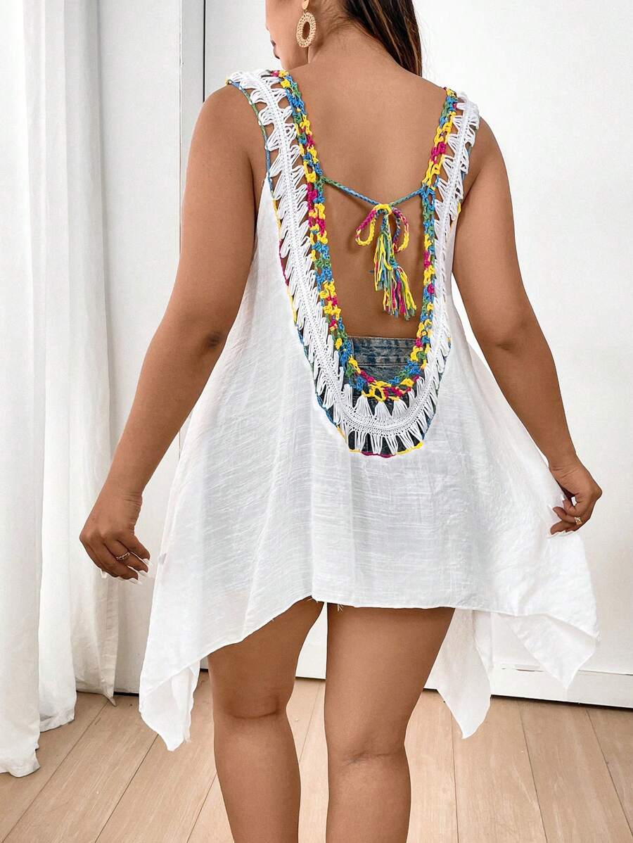 SHEIN Swim Curve Plus Size 1pc Crochet Panel Knotted Backless Cover Up Music Festival - White - View 1