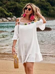 SHEIN VCAY Váy mùa hè có vai và tay loe dành cho nữ trong kỳ nghỉ đi biển - trắng - Xem 4