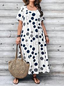 EMERY ROSE Plus Size Women's Polka Dot Pattern Blue White Short Sleeve Dress For Spring For Summer