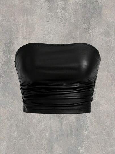 SHEIN EZwear Women's Plus Size Knit Side Gathered Pleated Black Tank Top