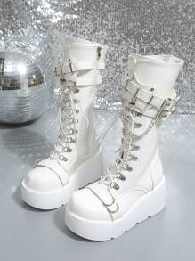 靴 y2k ring heal Buckle Boot crocoleather Our Grunge Punk 2024 Women's New Arrival Black Chunky Heel