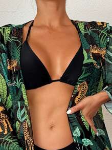 SHEIN Swim Set de bikini pentru damă, cu imprimeu botanic și cu gât solid pentru plajă de vară - Negru - Vizualizare 3