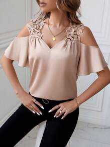 SHEIN Clasi Women's Off-Shoulder Ruffle Sleeve Blouse - Khaki - View 3