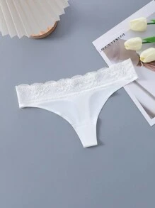 Plain Contrast Lace Sexy Thong Bridallingerie - White - View 3