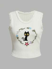 ROMWE Fairycore Women's Floral Cat Embroidered Tank Top For Summer, School - Apricot - View 4