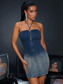 SHEIN BAE Ladies' Gradual Change Cross Straps Denim Bodycon Dress With Strapless Design For Party - Blue - View 2