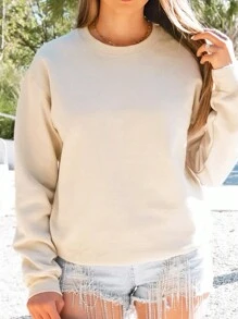 SHEIN EZwear 女士純色圓領下肩運動衫 - 杏色 - 查看 1