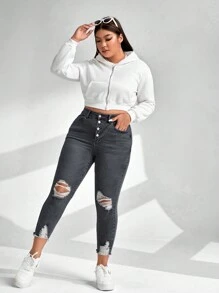 SHEIN EZwear 大尺碼破洞緊身牛仔褲 - 灰色 - 查看 5