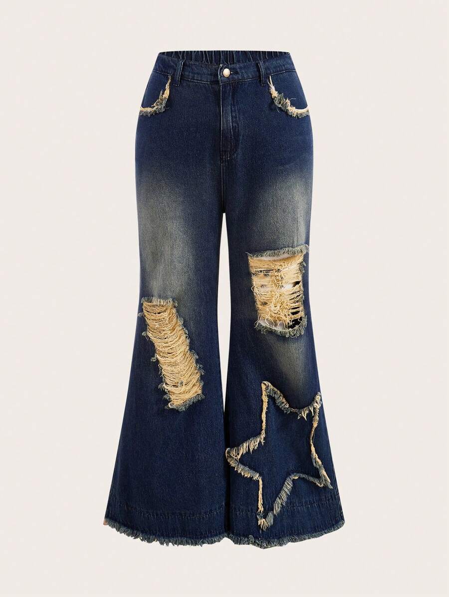 ROMWE PUNK 女式大尺碼藍色仿舊牛仔褲 - 藍色 - 查看 1