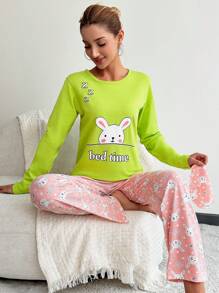 RueChic Cartoon & Letter Print Pajamas Set - Green - View 4